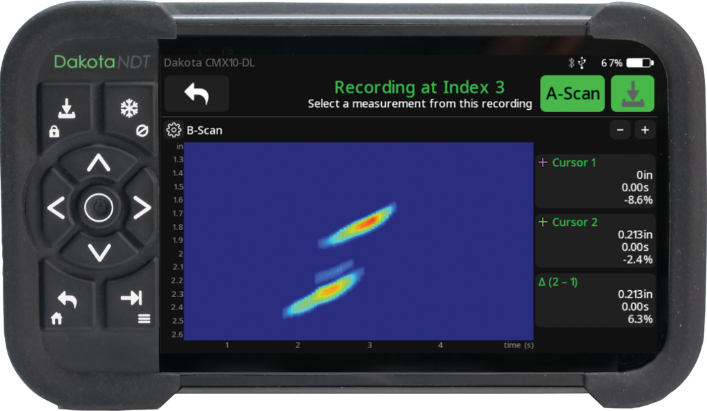 Dakota CMX10-DL crack prove-up capability with high-resolution ultrasonic inspection for accurate crack detection, pit detection, and critical flaw confirmation in industrial NDT applications.