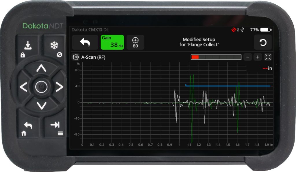 Dakota CMX10-DL overlay comparison feature for waveform signal analysis, structural change detection, and advanced ultrasonic NDT inspection applications.