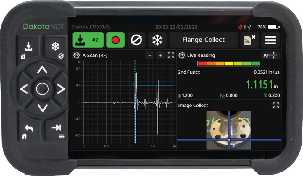 Dakota CMX10-DL Image Collect feature with CAD model and guided inspection location support for advanced ultrasonic thickness inspection and NDT data collection.