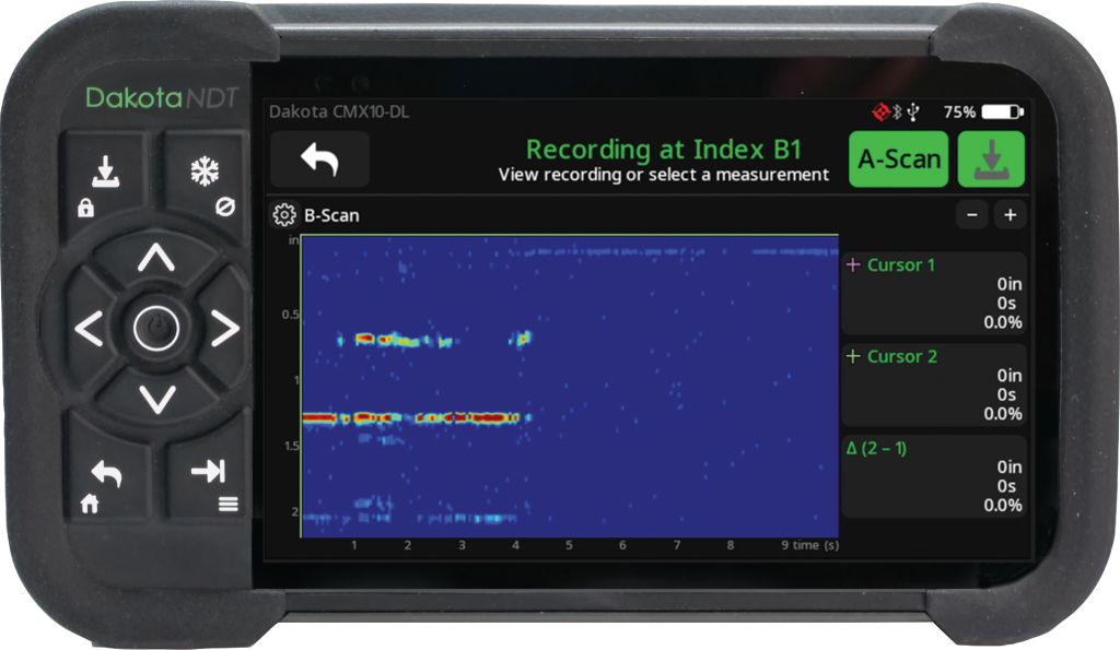 Dakota CMX10-DL internal defect inspection with B-Scan imaging and point-to-point depth measurement for composite material and industrial ultrasonic NDT applications.