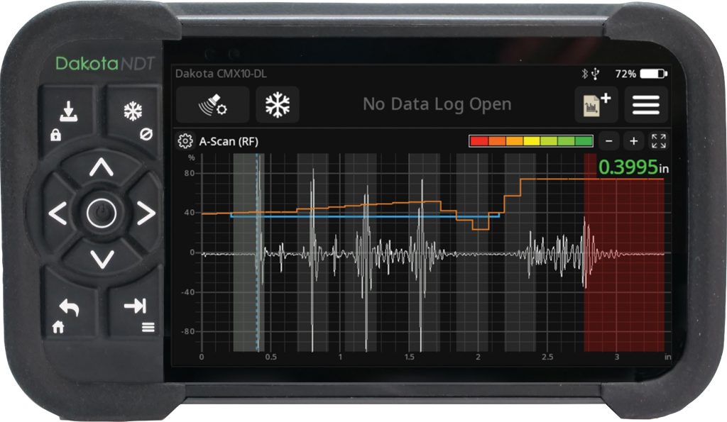Dakota CMX10-DL Time Corrected Gain (TCG) technology improving ultrasonic flaw detection and backwall echo monitoring for corrosion inspection, composite inspection, and industrial NDT applications.