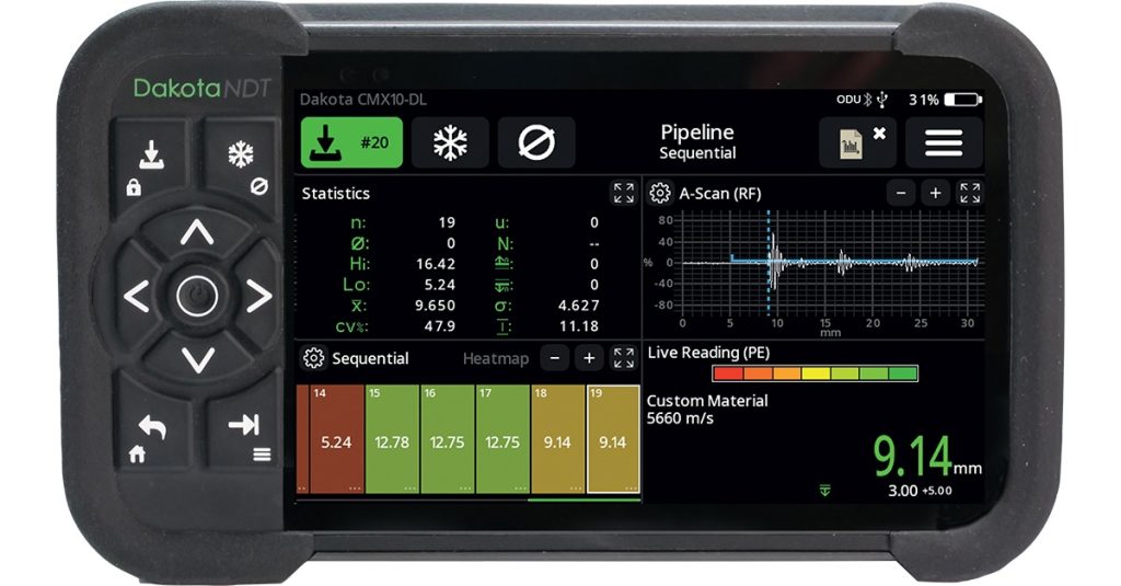 Key features of Dakota CMX10-DL ultrasonic thickness gauge including Full Wave Capture, A-Scan and B-Scan display, corrosion inspection, precision thickness measurement, and advanced waveform analysis for industrial NDT applications.