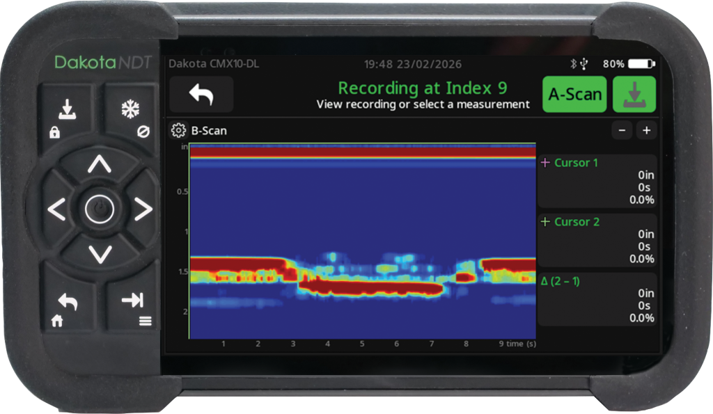 Dakota CMX10-DL second layer inspection and cladding measurement technology for accurate remaining wall thickness assessment in industrial ultrasonic NDT applications.